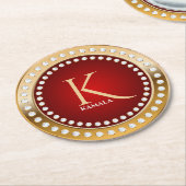 Goud en Rood Wit Diamanten Monogram Ronde Kartonnen Onderzetter (Gebogen)