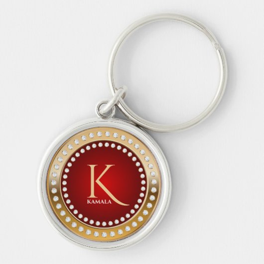 Goud en Rood Wit Diamanten Monogram Sleutelhanger (Voorkant)