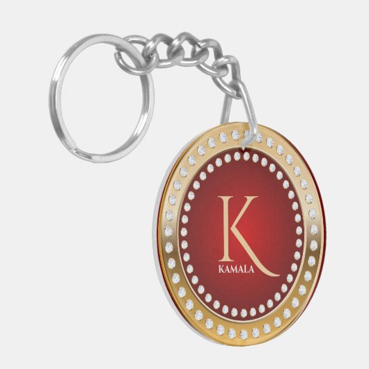 Goud en Rood Wit Diamanten Monogram Sleutelhanger (Voorkant Links)