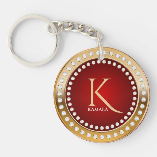 Goud en Rood Wit Diamanten Monogram Sleutelhanger (Voorkant)