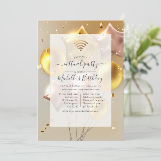 Goud en Roos Gouden Ballonnen Virtueel Verjaardags Kaart (Staand voorkant)
