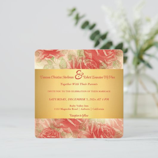 Goud en Roos huwelijksuitnodiging Kaart (Staand voorkant)