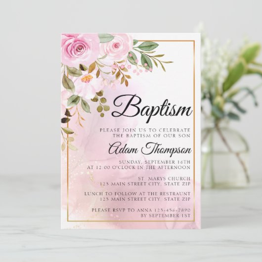 Goud en Roos Marmer Roze Doop Kaart (Staand voorkant)