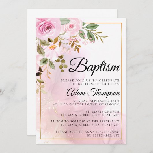 Goud en Roos Marmer Roze Doop Kaart (Voorkant / Achterkant)