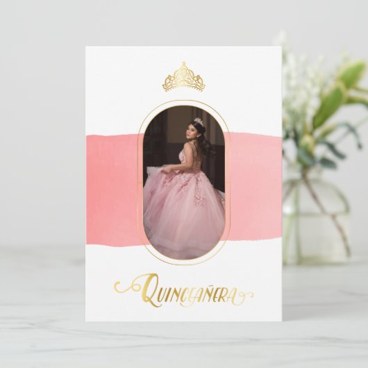 Goud en Roos Roze foto Quinceanera Kaart (Staand voorkant)