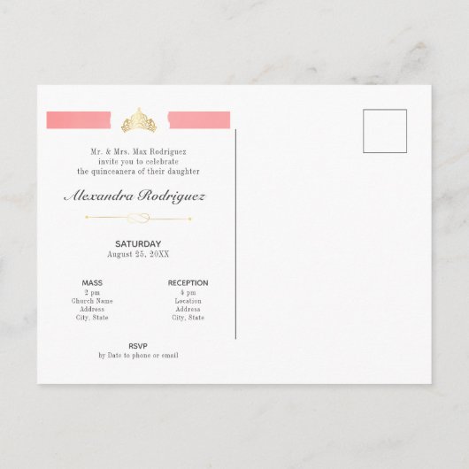Goud en Roos Roze foto Quinceanera Uitnodiging Briefkaart (Achterkant)
