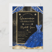 Goud en Royal Blue Glitter Jurk Quinceanera Kaart (Voorkant)