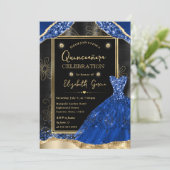 Goud en Royal Blue Glitter Jurk Quinceanera Kaart (Staand voorkant)