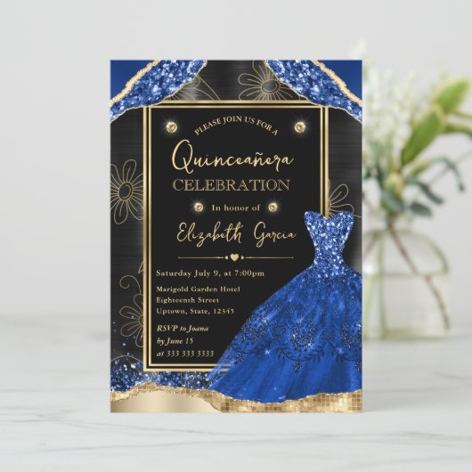 Goud en Royal Blue Glitter Jurk Quinceanera Kaart (Staand voorkant)