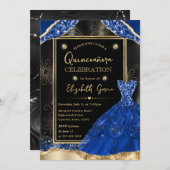 Goud en Royal Blue Glitter Jurk Quinceanera Kaart (Voorkant / Achterkant)