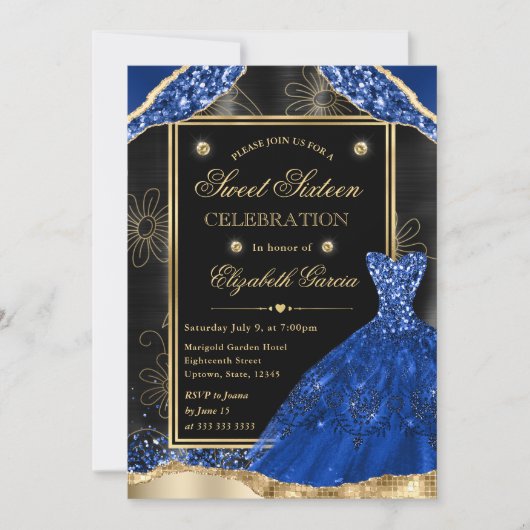 Goud en Royal Blue Glitter Jurk Sweet Sixteen Kaart (Voorkant)