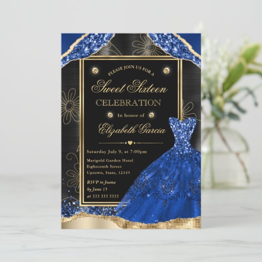 Goud en Royal Blue Glitter Jurk Sweet Sixteen Kaart (Staand voorkant)