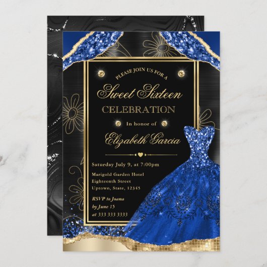 Goud en Royal Blue Glitter Jurk Sweet Sixteen Kaart (Voorkant / Achterkant)
