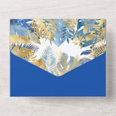 Goud en Royal Blue Tropisch blad All In One Uitnodiging (Achterkant)