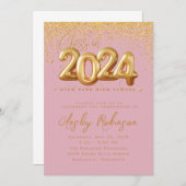 Goud en Roze 2024 Afstuderen Invitation Kaart (Voorkant / Achterkant)