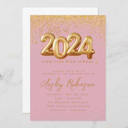 Goud en Roze 2024 Afstuderen Invitation Kaart (Voorkant / Achterkant)