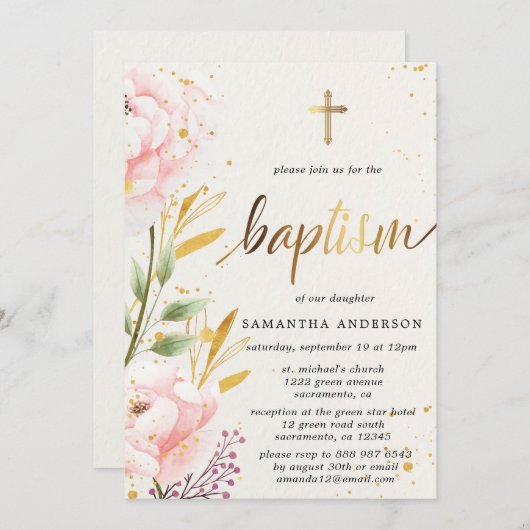 Goud En Roze Aquarel Meisje Doop Kaart (Voorkant / Achterkant)
