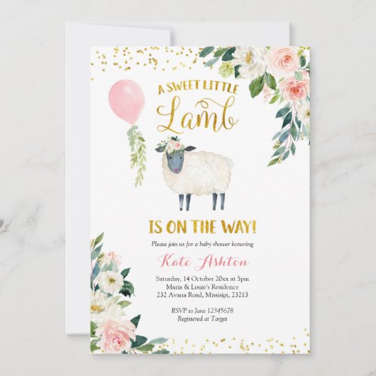 Goud en roze Baby shower met zoete kleine lammeren Kaart (Voorkant)