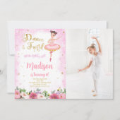 Goud en Roze Ballerina Foto Uitnodiging (Voorkant)
