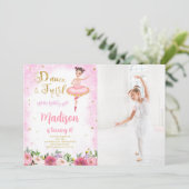 Goud en Roze Ballerina Foto Uitnodiging (Staand voorkant)