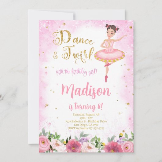 Goud en Roze Ballerina Uitnodiging (Voorkant)