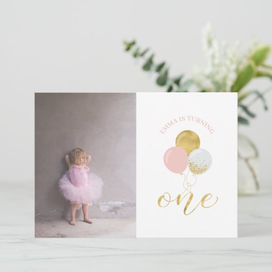 Goud en roze ballonnen | Eerste verjaardag van het Kaart (Staand voorkant)