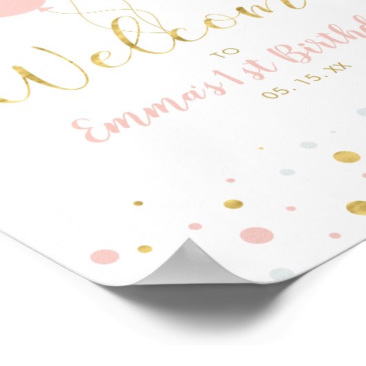 Goud en roze ballonnen | Eerste verjaardag van het Poster (Hoek)