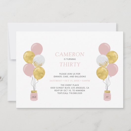 Goud en roze ballonnen Moderne geboorte Partij Kaart (Voorkant)