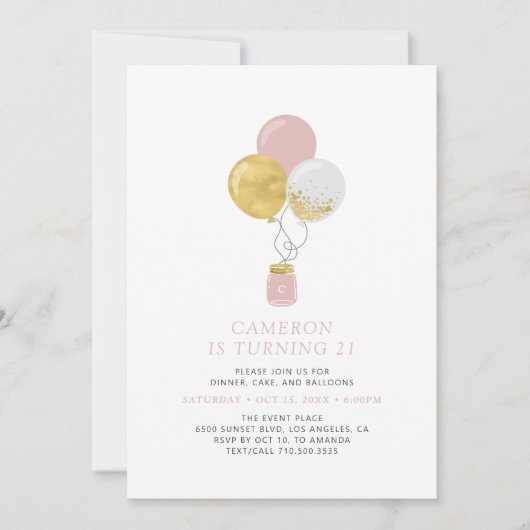 Goud en roze ballonnen Moderne geboorte Partij Kaart (Voorkant)
