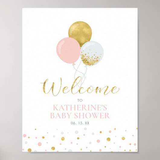 Goud en roze ballonnen | Welkom Girl Baby shower Poster (Voorkant)