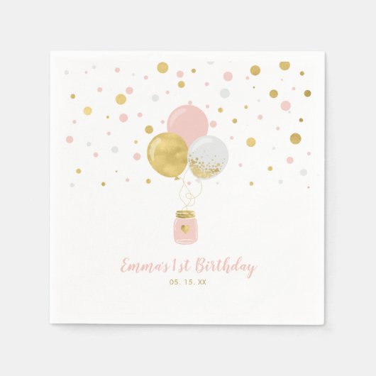 Goud en roze | Ballons en Confetti-meisje-verjaard Servet (Voorkant)