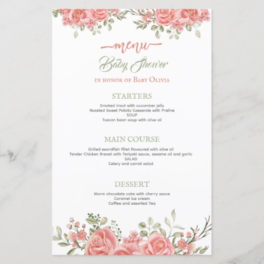 Goud en Roze Bloemen Boog Baby shower Menu (Voorkant)