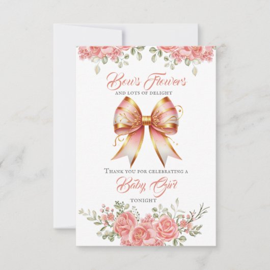 Goud en Roze Bloemen Bow Baby shower Bedankkaart (Voorkant)