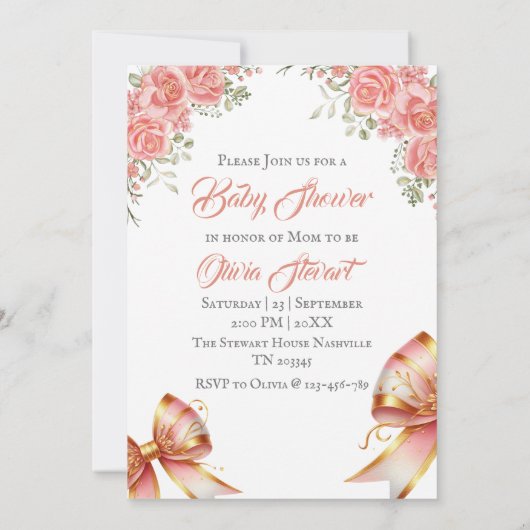 Goud en Roze Bloemen Bow Baby shower Kaart (Achterkant)