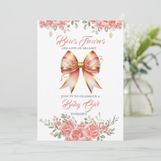 Goud en Roze Bloemen Bow Baby shower Kaart (Staand voorkant)