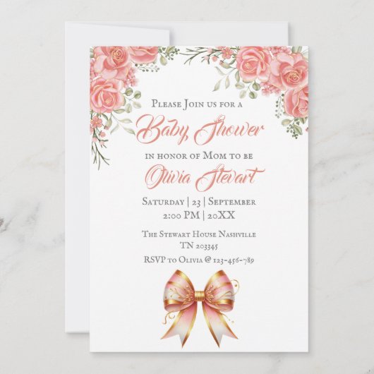 Goud en Roze Bloemen Bow Baby shower Kaart (Achterkant)