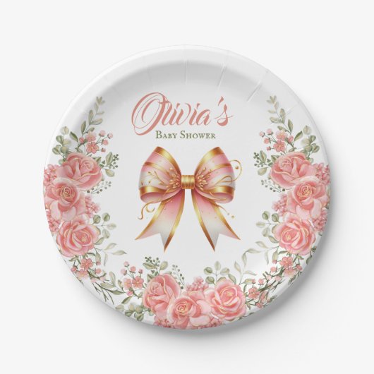 Goud en Roze Bloemen Bow Baby shower Papieren Bordje (Voorkant)