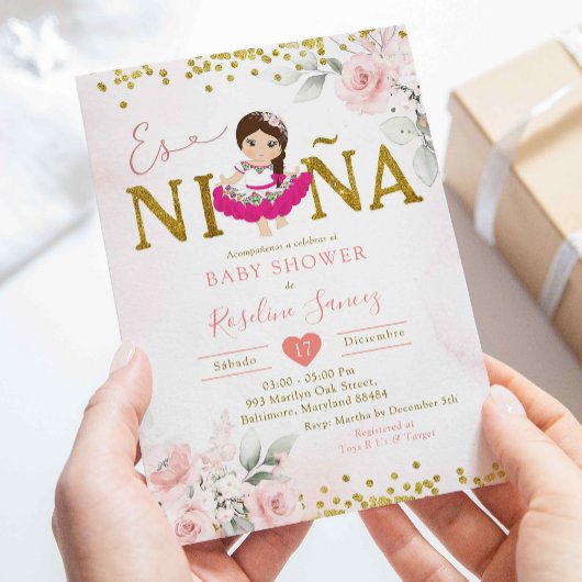 Goud en Roze Bloemen Meisje Es Niña Baby shower Kaart
