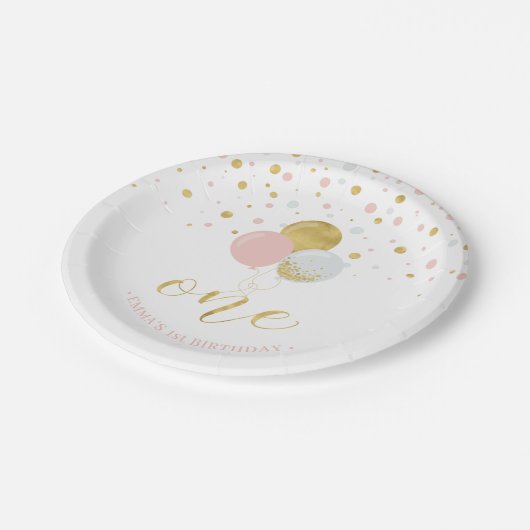 Goud en roze Confetti, Balloons 1e verjaardag Papieren Bordje (Gekanteld)