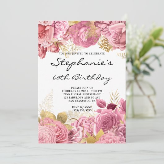 Goud en roze Floral Borders 60e verjaardag Kaart (Staand voorkant)