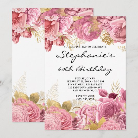 Goud en roze Floral Borders 60e verjaardag Kaart (Voorkant / Achterkant)