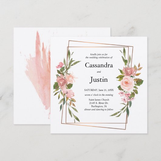 Goud en roze Floral Wedding Kaart (Voorkant / Achterkant)