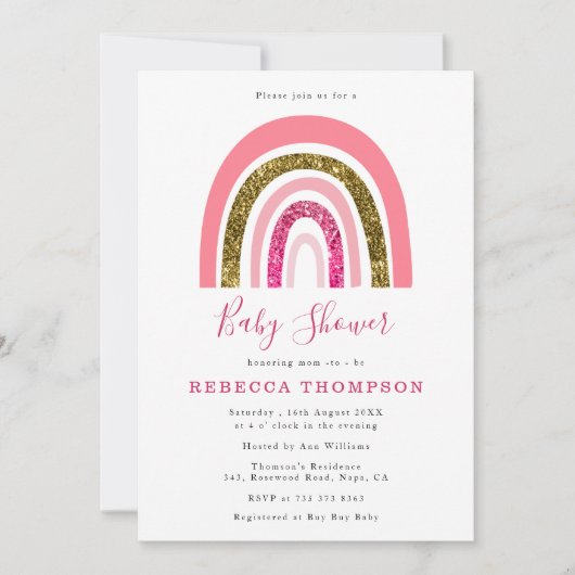 Goud en Roze Glitter Schattige Regenboog Baby show Kaart (Voorkant)