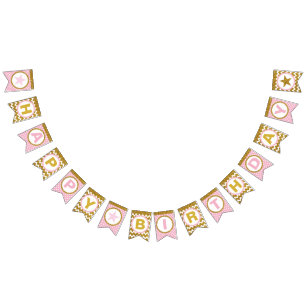 Goud en Roze Happy Birthday Bunting Flags, Aangepa Vlaggetjes
