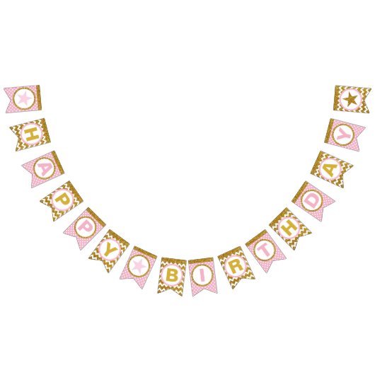 Goud en Roze Happy Birthday Bunting Flags, Aangepa Vlaggetjes (Alle)