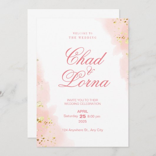 Goud en Roze Huwelijksuitnodiging Kaart (Voorkant / Achterkant)