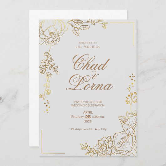 Goud en Roze Huwelijksuitnodiging Kaart (Voorkant / Achterkant)