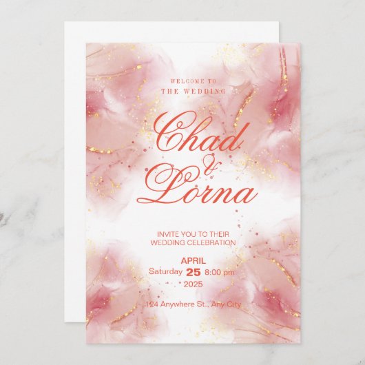 Goud en Roze Huwelijksuitnodiging Kaart (Voorkant / Achterkant)