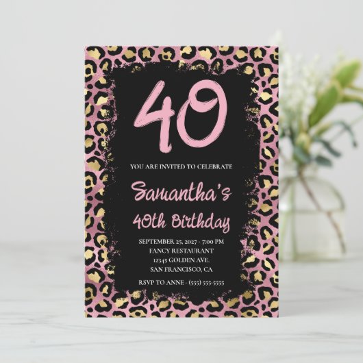 Goud en roze luipaard Geschilderd zwart 40e verjaa Kaart (Staand voorkant)