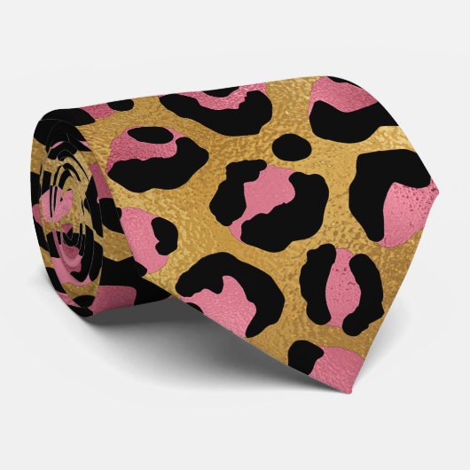Goud en Roze Luipaardprint Stropdas (Opgerold)